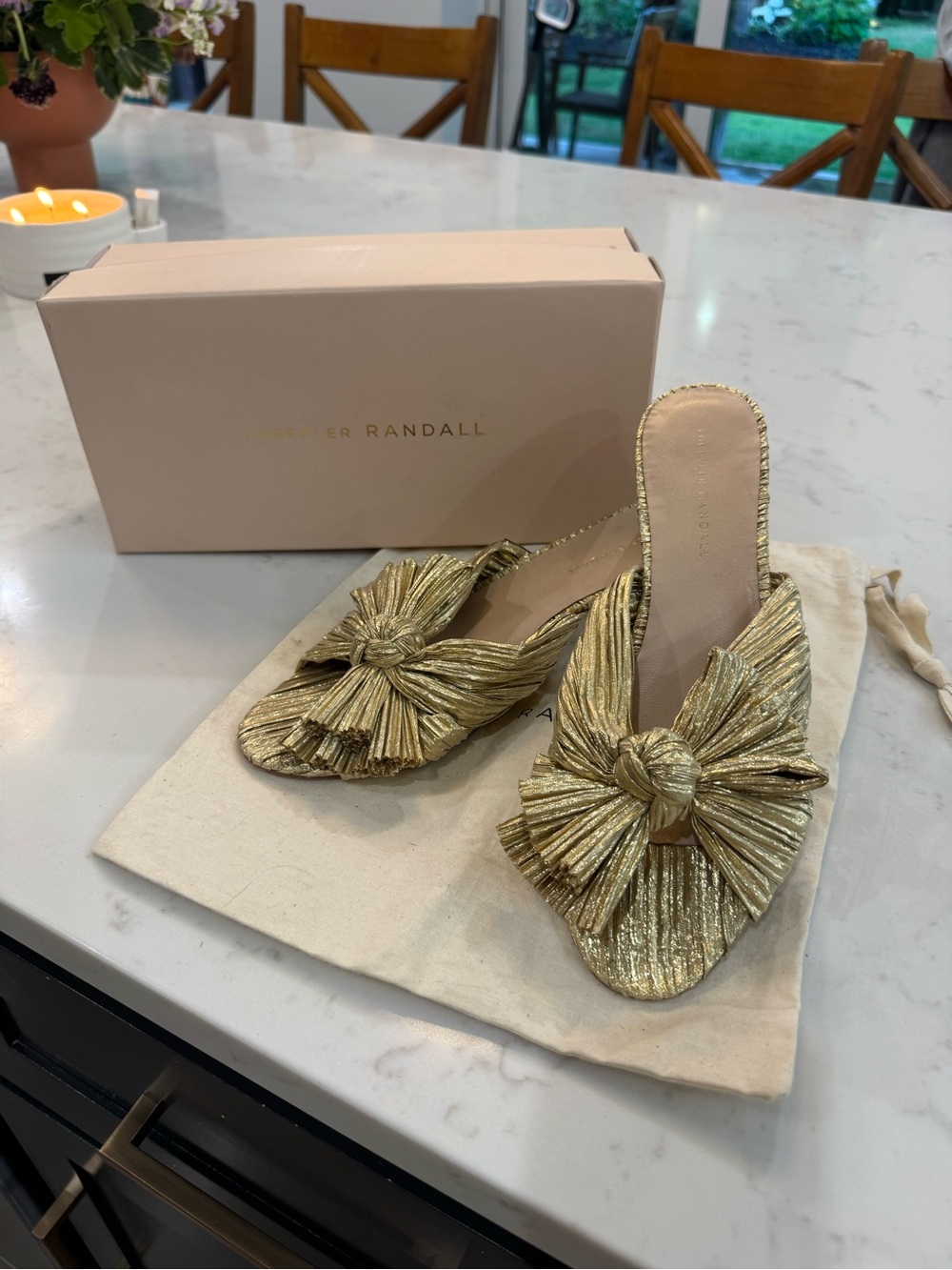 Loeffler Randall Metallic Gold Knot Slide Mules